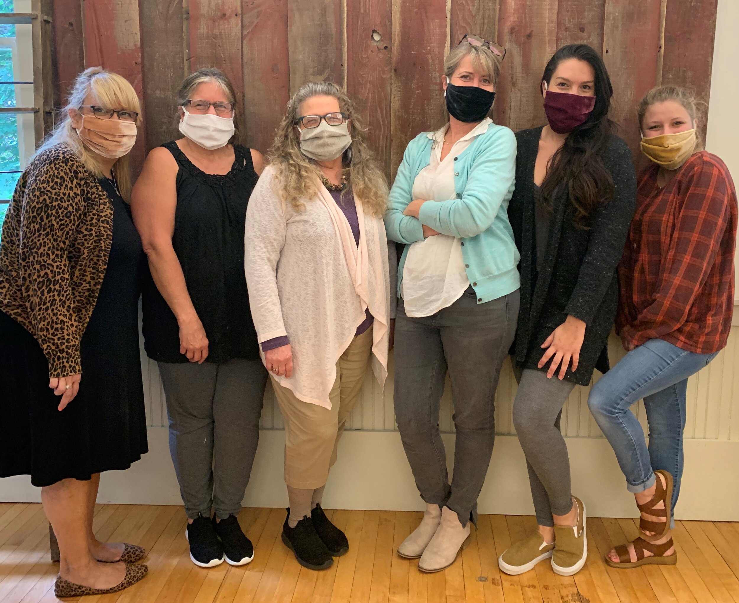 The TL at Home team (donning the company’s signature Vintage Velvet and linen face masks), from left: Edith Geribon, Tamara DeLong, Peggy Woodford, Shari Kline, Olivia Armstrong, and Michelle Kopec.